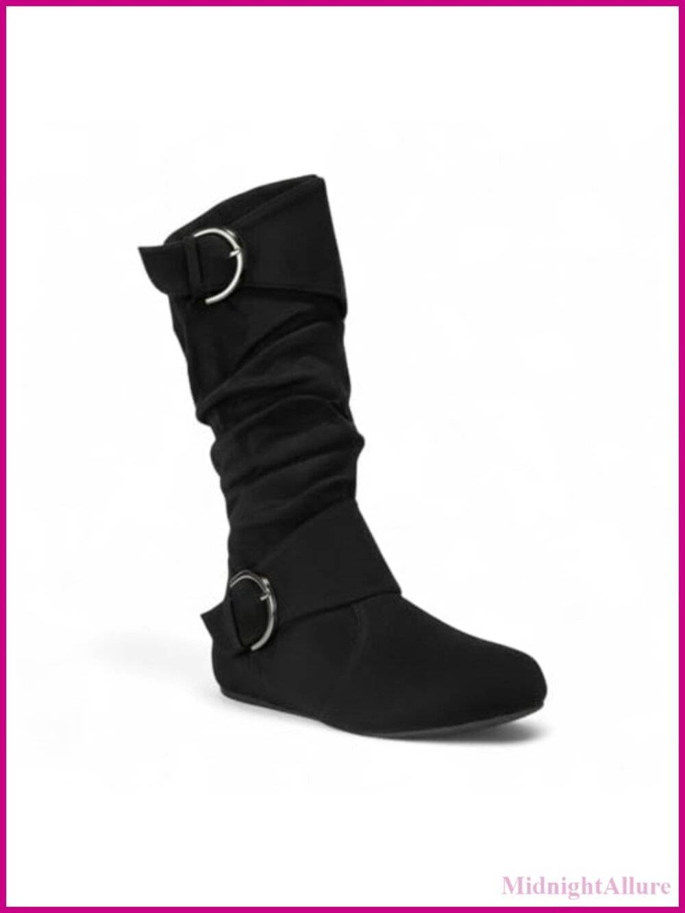 Women's Round Toe Buckle Side Zip Slouch Mid-Calf Boots Low Heel